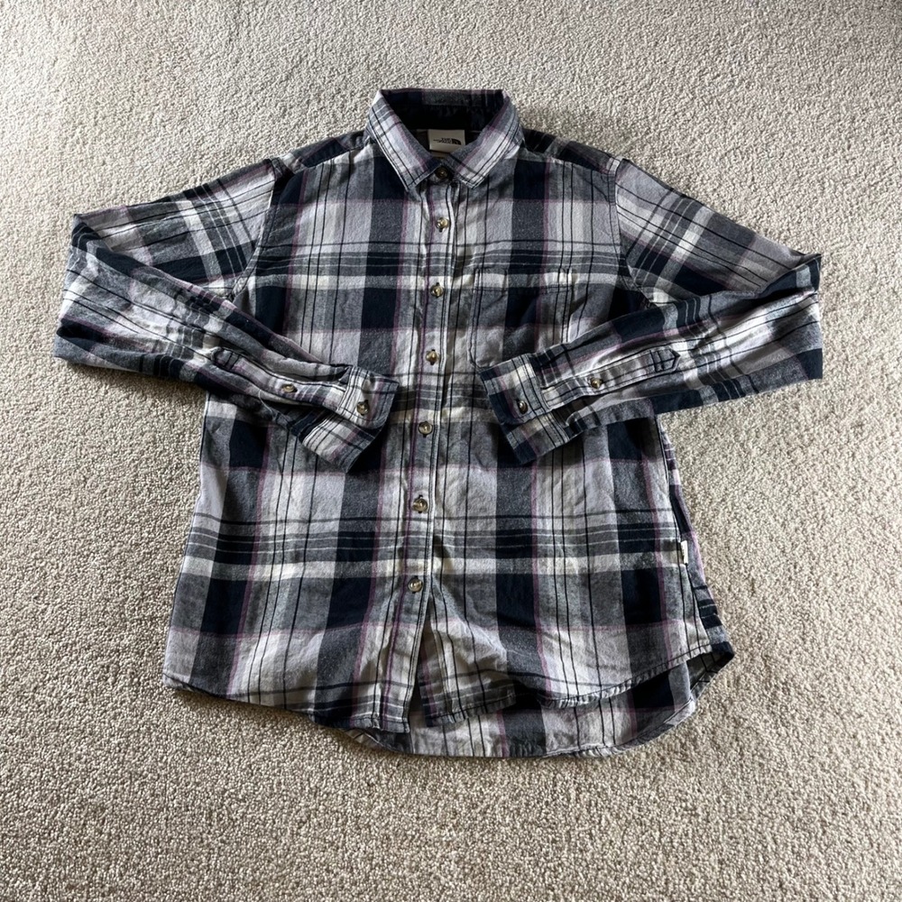 The North Face Flannel Shirt Womens Medium Grey‎ Black Plaid Cotton Excellent